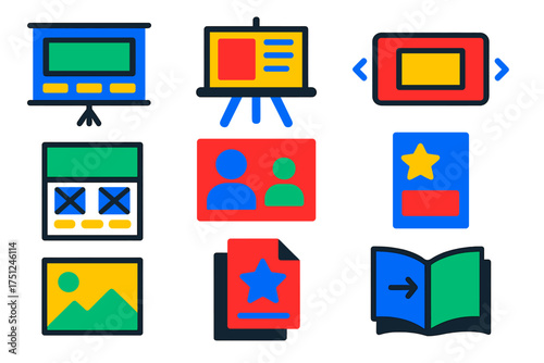 Modern Flat Icon Set. Flat vector icons of portfolio presentation: pitch deck screen, presentation board icon, slide carousel icon