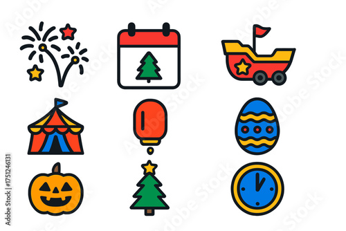 Bold Event Icons. Flat vector icons of seasonal and public events: fireworks icon, holiday calendar, parade float symbol, seasonal
