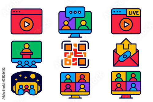 Virtual Event Icons. Flat vector icons of virtual and digital events: webinar window icon, online meetup screen, virtual