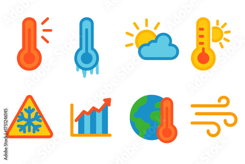 Climate Icon Set. Flat vector icons of temperature and climate visuals: hot temperature icon, cold temperature with ice, moderate