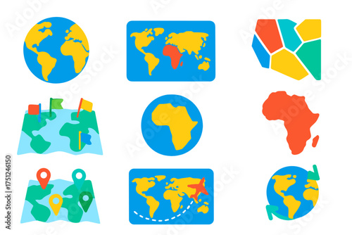 Colorful Map Icons. Flat vector icons of country and world maps: globe with continents, world map projection, country borders icon
