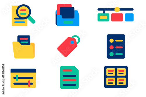 Vibrant News Icons. Flat vector icons of news archive and search: magnifying glass on article, archive drawer, news timeline icon,