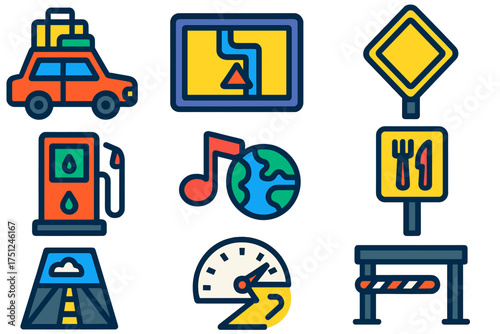 Road Trip Icons. Flat vector icons of road trip and driving travel: car with luggage on roof, GPS map on dashboard, road sign