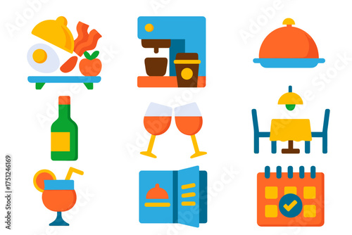 Vibrant Hotel Icons. Flat vector icons of hotel food and beverage: breakfast buffet icon, coffee machine symbol, room service
