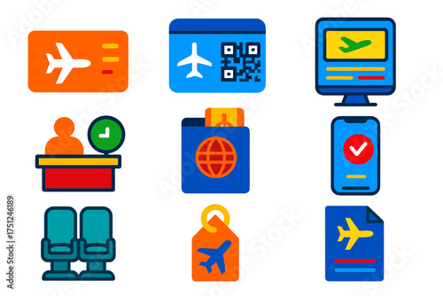 Flight Booking Icons. Flat vector icons of flight booking and check-in: airplane ticket icon, boarding pass with QR, online