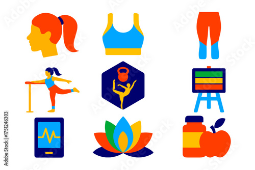 Women's Fitness Icons. Flat vector icons of women’s fitness: ponytail icon, sports bra, legging gear, barre workout, strength and