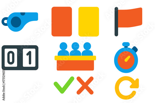 Referee Icons Set. Flat vector icons of refereeing and judging: referee whistle, red card, yellow card, score board, judging panel