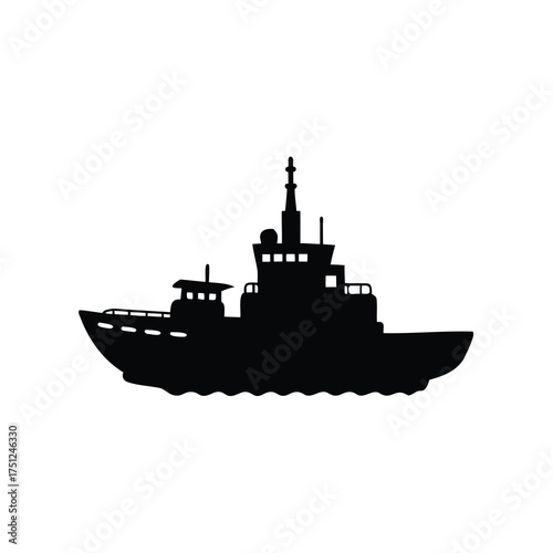 Silhouette of a modern naval warship sailing on the water with waves, tugboat silhouette vector illustration