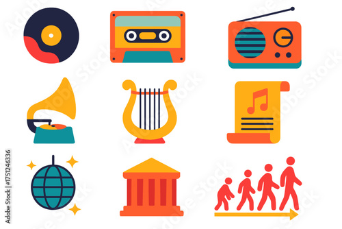 Music History Icons. Flat vector icons of music history: vinyl record, cassette tape, retro radio, gramophone, ancient lyre,