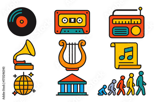 Music History Icons. Flat vector icons of music history: vinyl record, cassette tape, retro radio, gramophone, ancient lyre,
