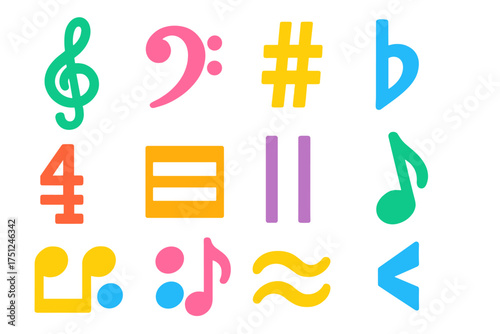 Minimalist Music Notation Icons. Flat vector icons of music notation: treble clef, bass clef, sharp and flat signs, time signature