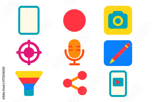 Mobile Video Tool Icons. Flat vector icons of mobile video tools: vertical frame, record button, selfie cam icon, stabilization