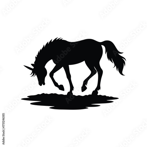 Mystical black unicorn silhouette grazing peacefully in a magical enchanted landscape, unicorn drinking silhouette vector illustration