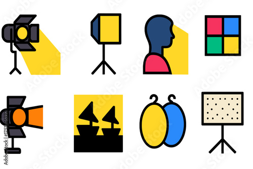 Minimalist Movie Lighting Icons. Flat vector icons of movie lighting: spotlight beam, softbox light, backlight, stage floodlight,