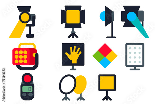 Minimalist Movie Lighting Icons. Flat vector icons of movie lighting: spotlight beam, softbox light, backlight, stage floodlight,