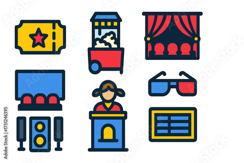 Movie Theater Icons. Flat vector icons of movie theaters: cinema ticket, popcorn machine, theater curtain, film screen, ticket