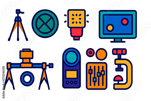 Cinematic Equipment Icons. Flat vector icons of movie equipment: tripod stand, lens cap, camera flash, video monitor, slider rail,