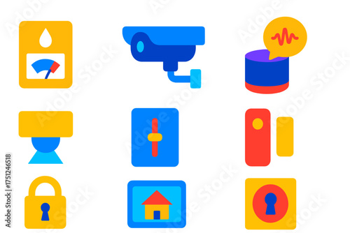 Smart Home Icons. Flat vector icons of smart home: smart thermostat, security camera, smart speaker, voice assistant icon, motion