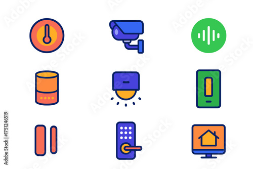 Smart Home Icons. Flat vector icons of smart home: smart thermostat, security camera, smart speaker, voice assistant icon, motion