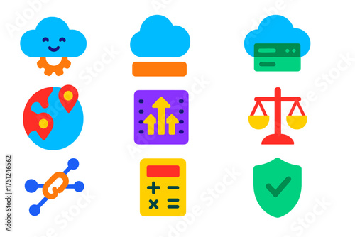 Cloud Software Icons. Flat vector icons of cloud software: SaaS icon, PaaS platform, IaaS server, multi-region marker,