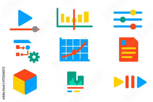 Simulation Software Icons. Flat vector icons of simulation software: model run, simulation timeline, parameter slider, scenario