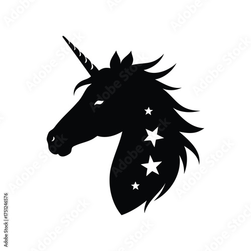 Black silhouette of a unicorn head with stars on a white background, unicorn face with stars silhouette vector illustration