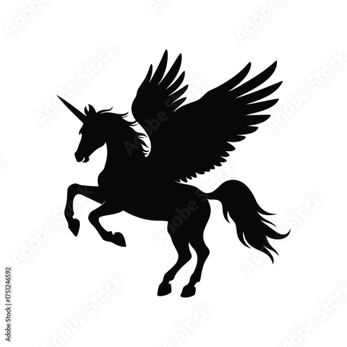 Majestic Black Pegasus Silhouette Leaping Forward with Powerful Wings Unfurled against White Background, unicorn flying with wings silhouette vector illustration