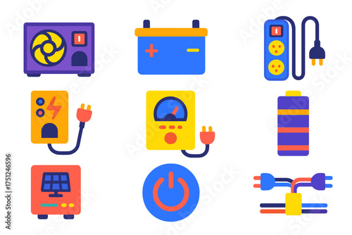 Colorful Power Icons. Flat vector icons of power management: power supply, UPS battery, power strip, surge protector, voltage
