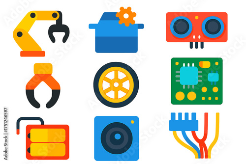 Robotics Icon Set. Flat vector icons of robotics hardware: robot arm, servo motor, sensor array, gripper tool, chassis wheel,