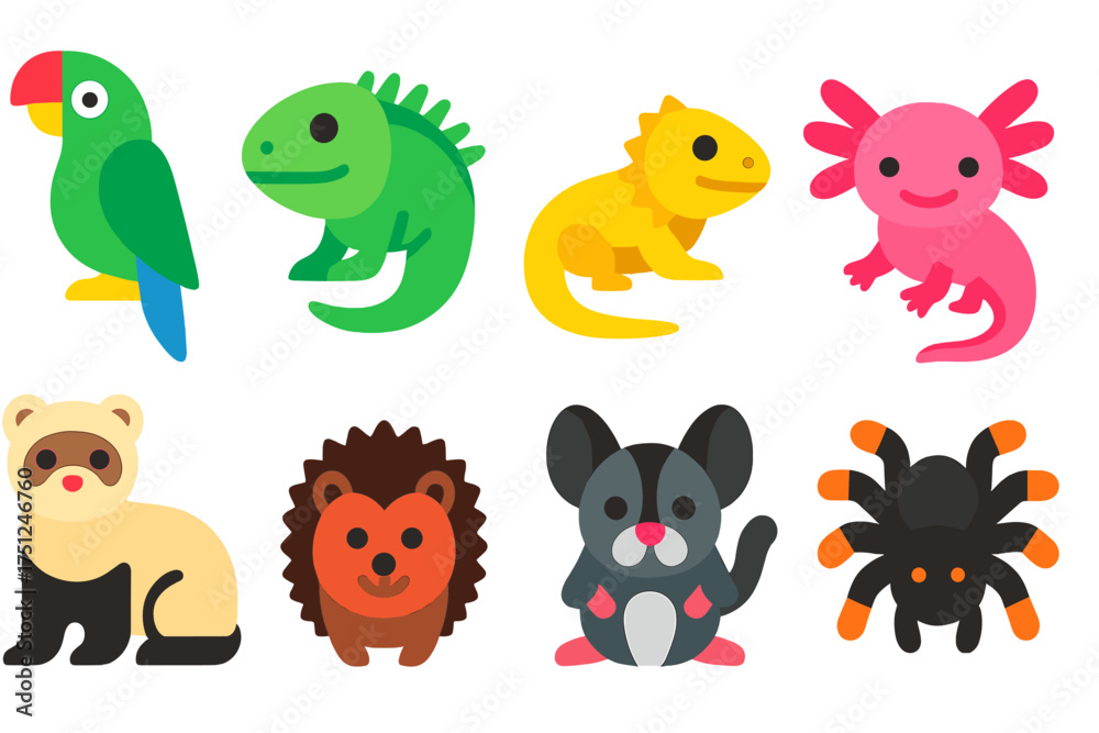 Fototapeta premium Exotic Pet Icons. Flat vector icons of exotic pets: parrot, iguana, bearded dragon, axolotl, ferret, hedgehog, sugar glider,