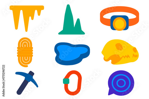 Cave Exploration Icons. Flat vector icons of cave exploration: stalactite, stalagmite, headlamp, rope coil, rock pool, cave bear
