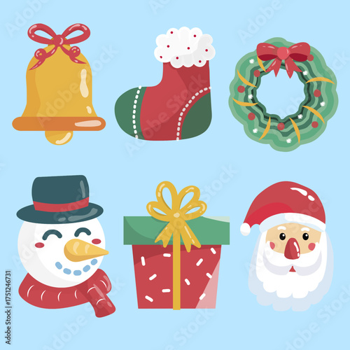 A collection pf six cheerful amd cute cartoon style icons related to Christmas, Designed in a clean, flat graphic style on a light sky-blue background.
