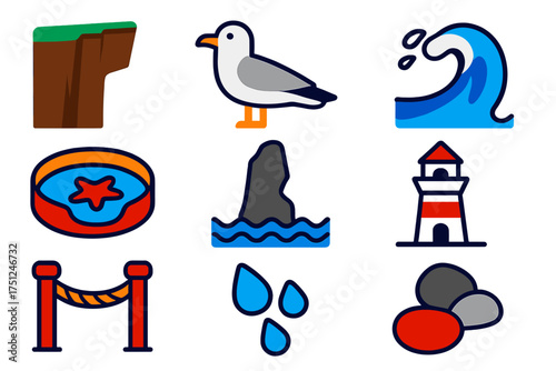 Coastal Cliff Icons. Flat vector icons of coastal cliffs: cliff edge, seagull, crashing wave, tide pool, sea stack, lighthouse,