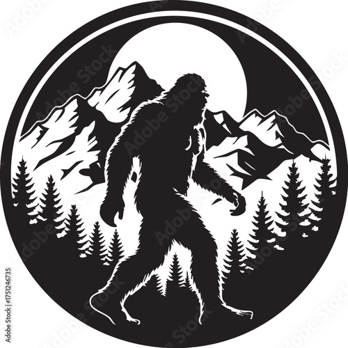 Bigfoot silhouette walking through forest with moon and mountains in circular black and white vector for folklore themes