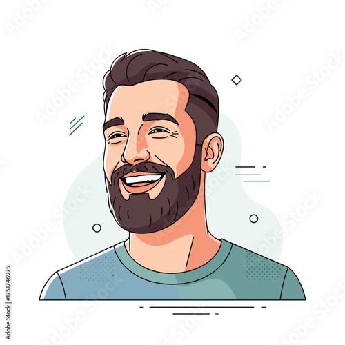 Happy man with a beard and a smile, joyful mood, cheerful expression, portrait style, copy space