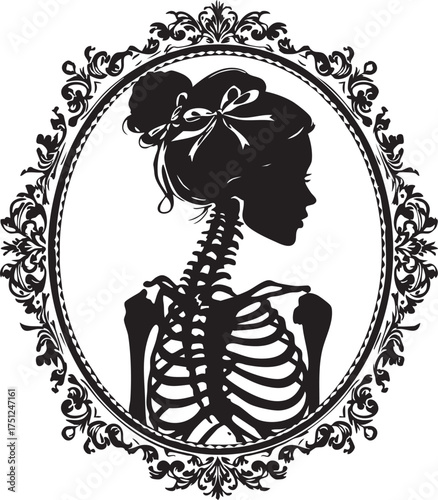 Skeleton woman in profile with bun and ornate floral frame in black and white vector, ideal for gothic and vintage themes