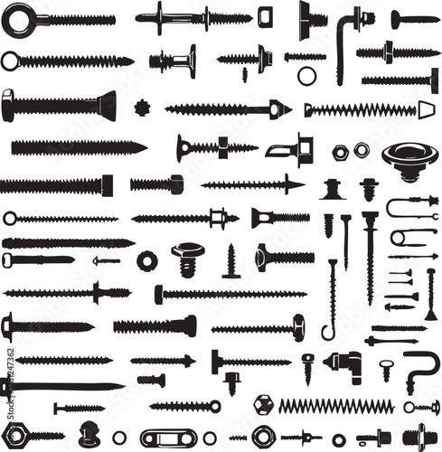 Grid of black fastener silhouettes including screws, bolts, nuts, and washers in vector style for hardware and tool design