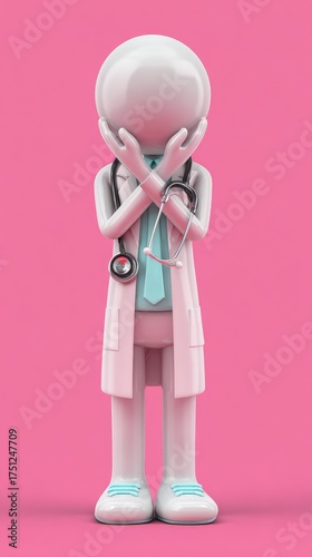 Doctor figurine with stethoscope and crossed arms on pink background.