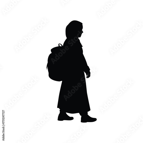 Silhouette of a person wearing a headscarf and carrying a backpack, woman in hijab with backpack silhouette vector illustration