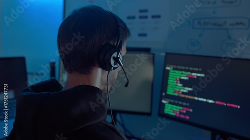IT support specialist wearing headset assisting remote clients in dark office, representing communication, reliability, and expertise in modern digital service and technology support.