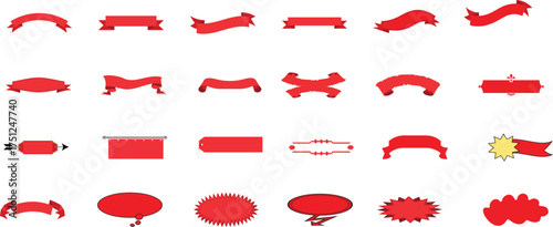 Red ribbon banner vector illustration collection. Curved and straight vintage styles