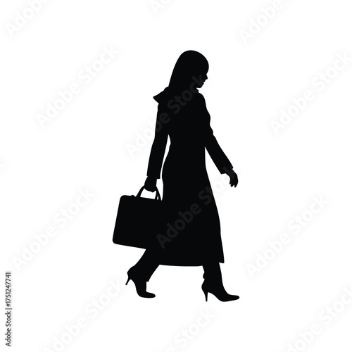 Silhouette of professional woman walking with briefcase, wearing a coat and heels, woman in hijab with briefcase silhouette vector illustration