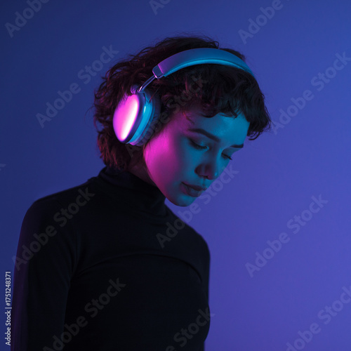 Portrait of a woman in headphones under neon blue and pink light. Creative futuristic mood, vibrant color contrast, minimal dark background