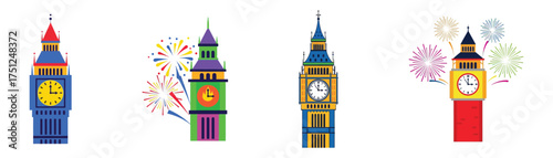 Vector art of four colorful cartoon big ben clock towers with fireworks vector illustration of london landmark, symbol of england, new years eve celebration transparent background