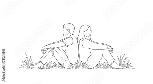 Couple sitting back-to-back on the grass in a peaceful line drawing