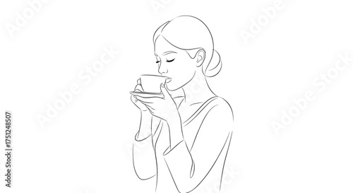 Woman sipping tea in a calming line drawing for relaxation and mindfulness