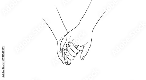 Outline illustration of two hands holding each other, gentle mood, connection theme, minimalistic design, copy space