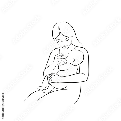 Outline illustration of a mother feeding her baby, nurturing mood, parenting theme, minimalistic design, copy space