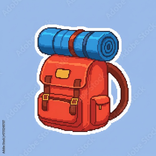 A pixel art illustration of a camping backpack with a sleeping bag strapped to the top. The object is drawn in an 8-bit or 16-bit game style and has a white outline.