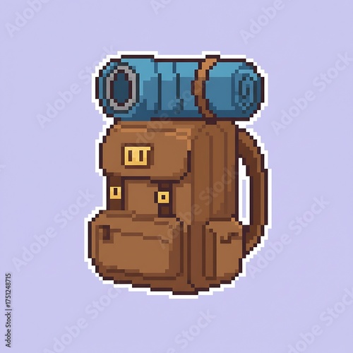 A pixel art illustration of a camping backpack with a sleeping bag strapped to the top. The object is drawn in an 8-bit or 16-bit game style and has a white outline.